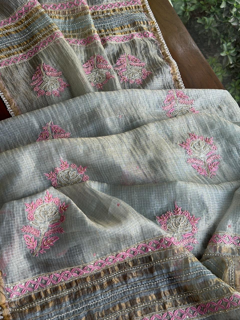 Smokey Grey Shade Tissue Kota Chikankari Unstitched Fabric