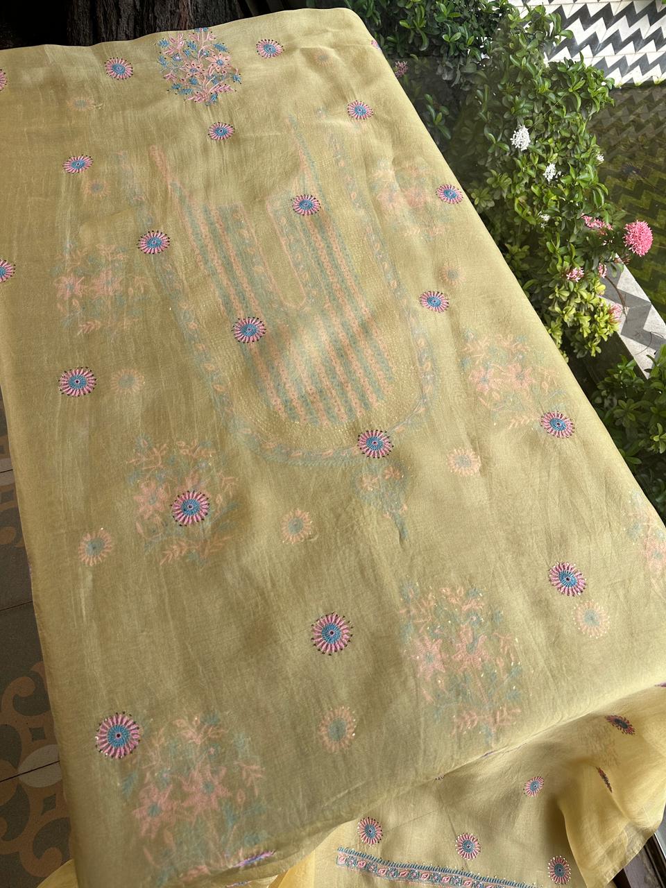 Yellow Multi Shade Organza Silk Chikankari Unstitched Fabric