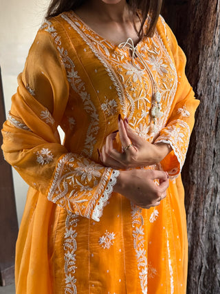 Orange Noor Organza Chikankari Anarkali Kurta With Dupatta