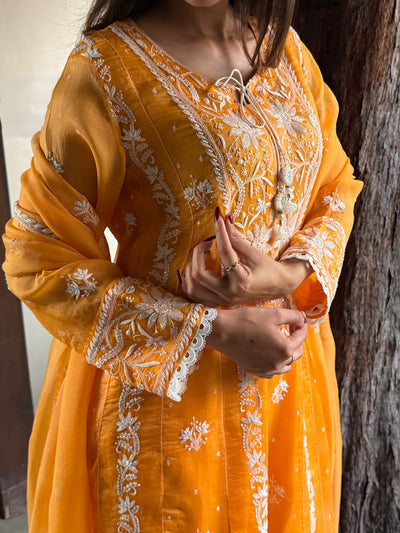 Orange Noor Organza Chikankari Anarkali Kurta With Dupatta