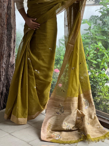 Green Shade Tussar Silk Gheecha Palla Kota Mukaish Resham Saree