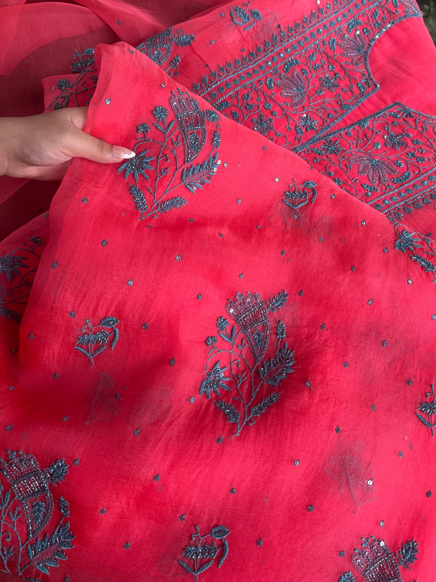 Watermelon Red Shade Noor Organza Silk Chikankari Unstitched Kurta Dupatta Set