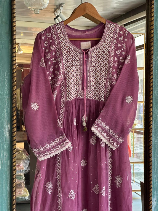 Plum Purple Kota Chikankari Kurta With Mukaish Work