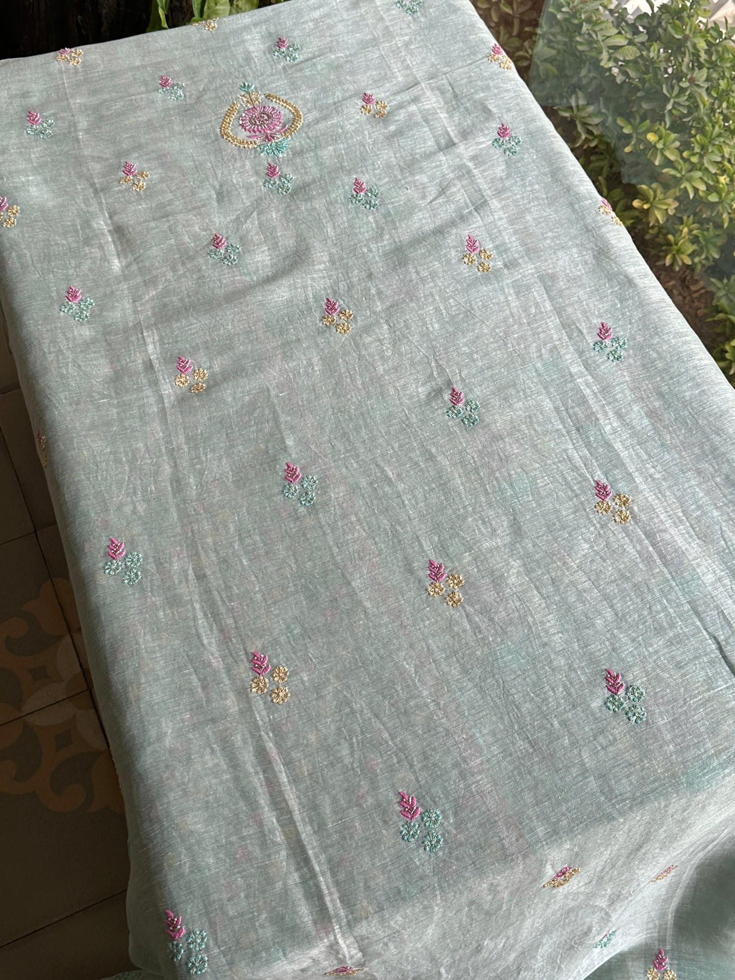 Pastel Mint Shade Rasm Silk Chikankari With Ari Work Unstitched Kurta Dupatta Set