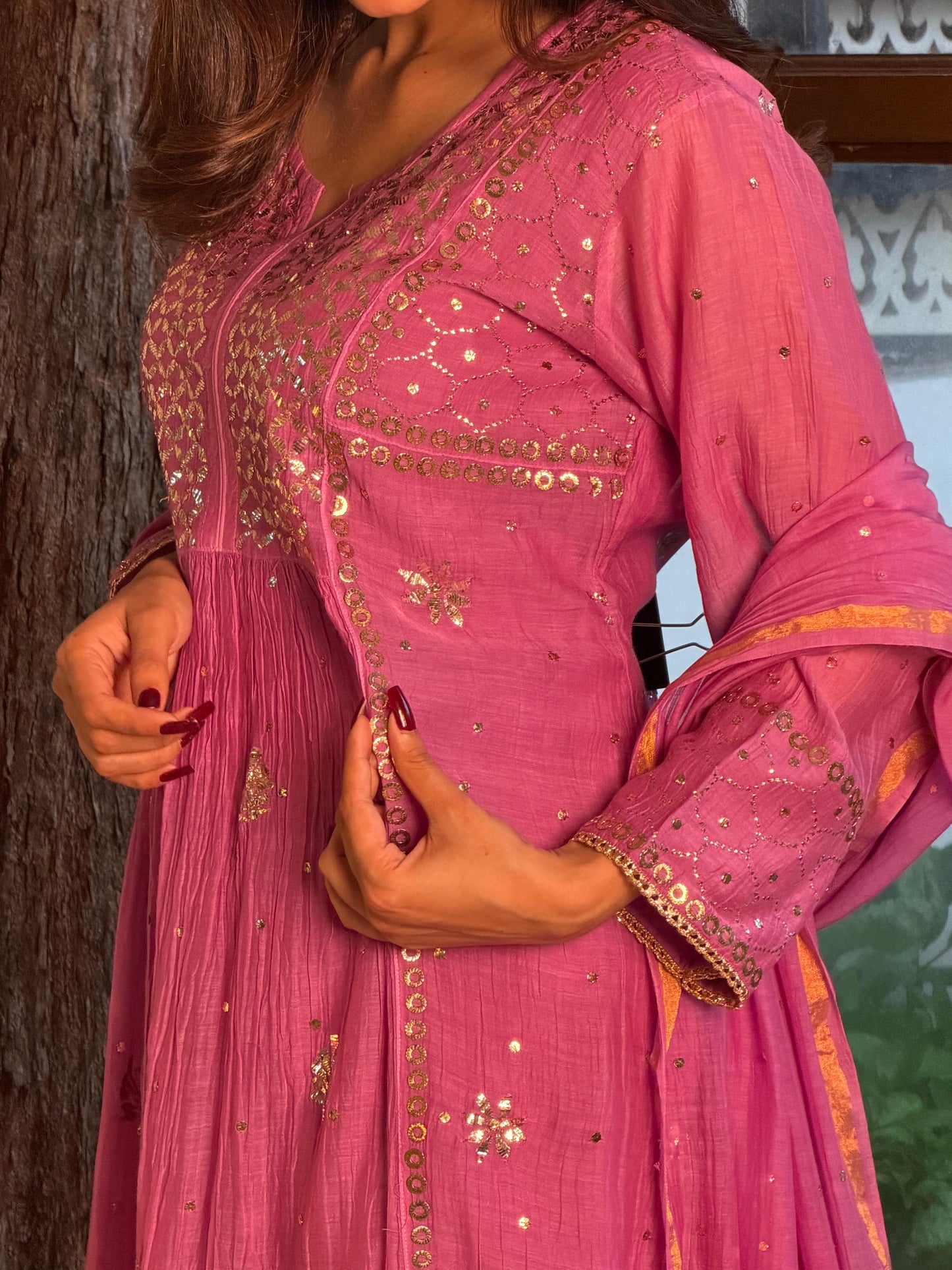 Deep Purple Mukaish Mul Chanderi Silk Ready To Wear Dress