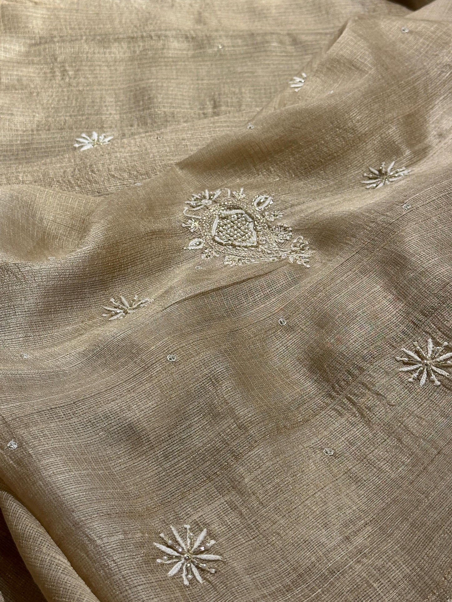 Beige Rasm Tussar Kota Chikankari Unstitched Chikankari Fabric
