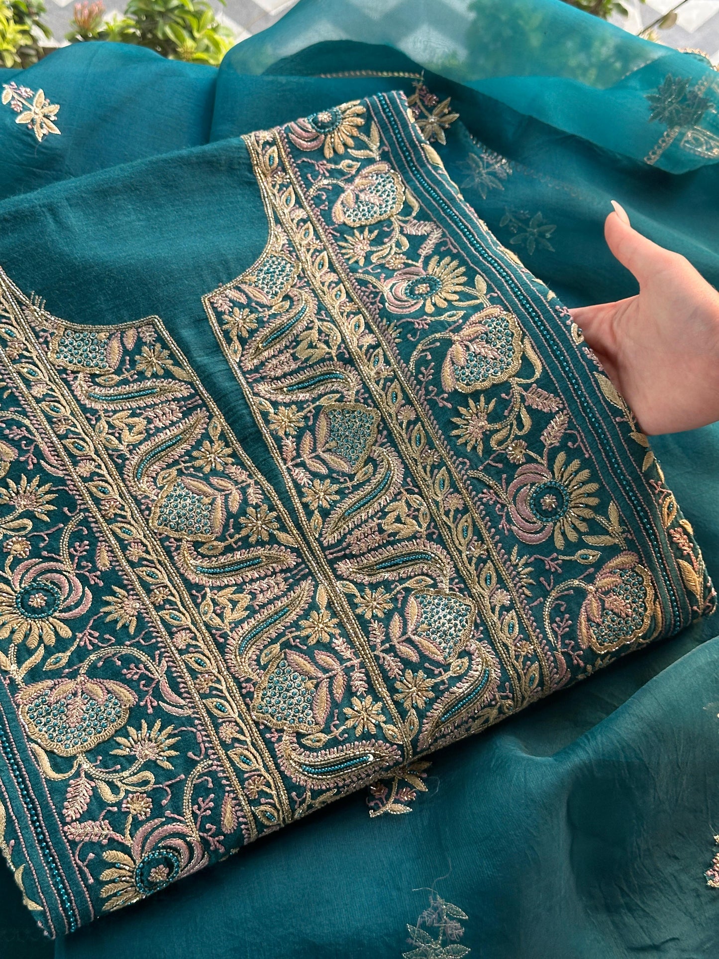 Peacock Blue Shade Moonga Silk Chikankari Unstitched Fabric