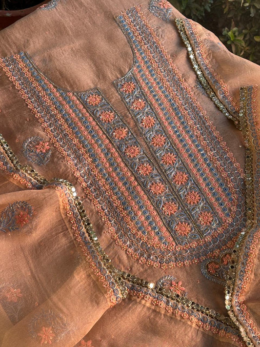 Peach & Blue Shade Noor Organza Silk Chikankari Unstitched Kurta Dupatta Set