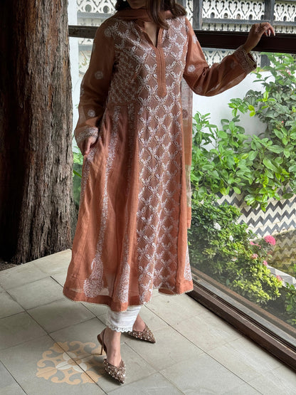 Coral Peach Shade Tissue Silk Chikankari Work Kalidar Kurta Dupatta Set