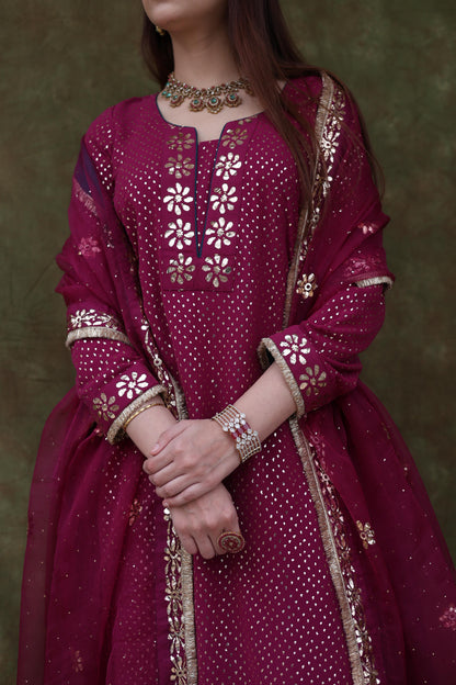 Mukaish Kamdani Plum shade Pure Georgette Kurta Gharara Set with Organza Dupatta