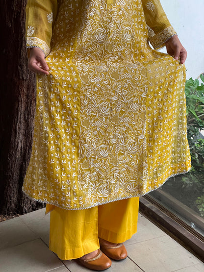 Yellow Tissue Silk Chikankari Straight Cut Kurta Dupatta Set