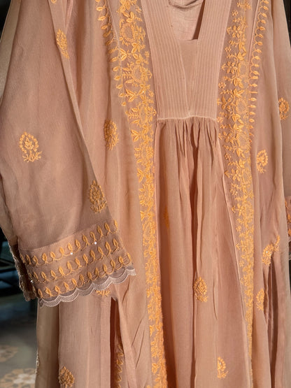 Peach Chiffon Chikankari Kurta with Lace Detailing