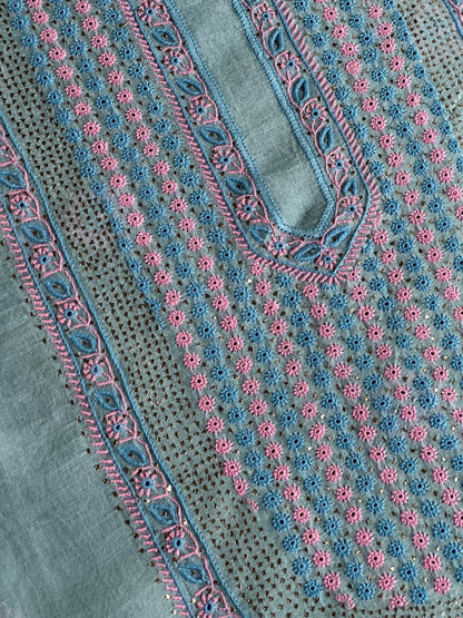 Blue Multi Shade Organza Silk Chikankari Unstitched Fabric