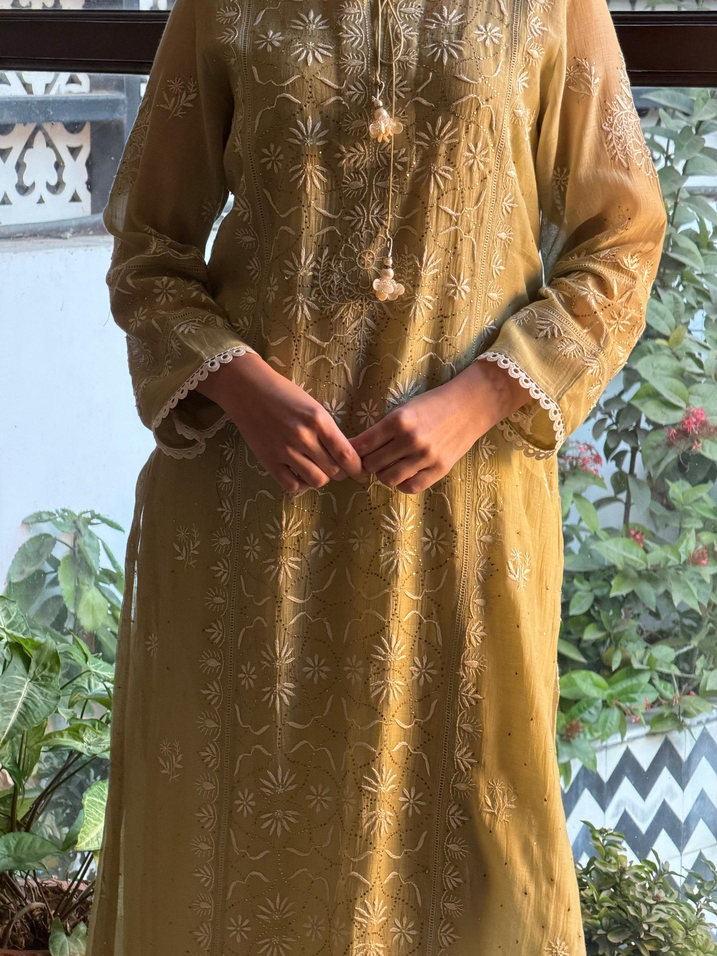 Olive Green Mul Chanderi Mukaish Kamdani Chikankari Stitched Kurta Dupatta Set