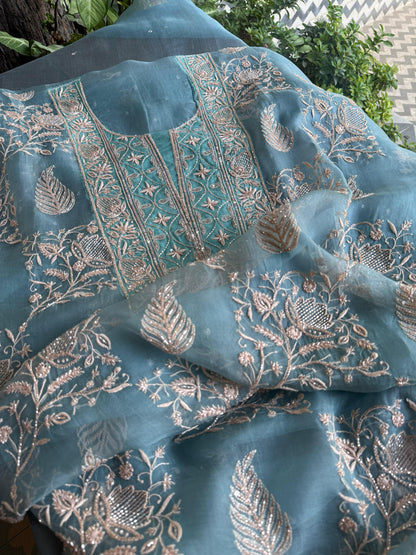 Pastel Shade Noor Organza Silk Chikankari Unstitched Kurta Dupatta Set