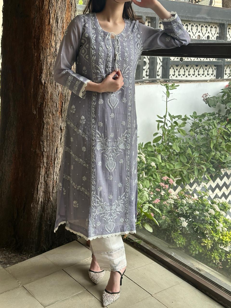 Grey Shade Malmal Mukaish Kamdani Chikankari Kurta Set