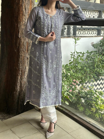 Grey Shade Malmal Mukaish Kamdani Chikankari Kurta Set