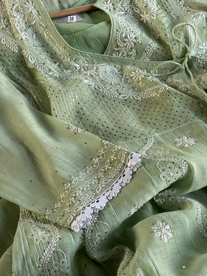 Mint Green Shade Malmal Mukaish Kamdani Chikankari Kalidar Angarkha