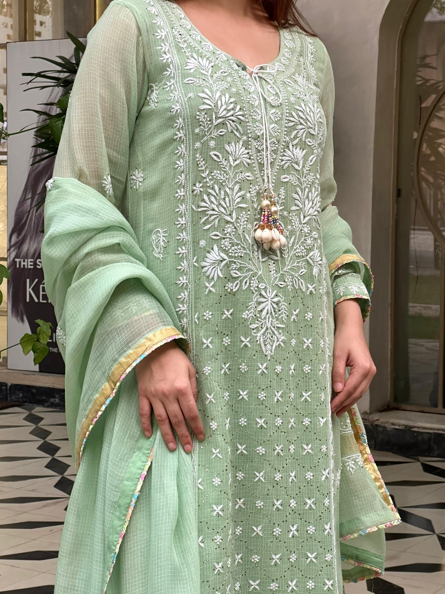 Green Shade Kota Applique Chikankari Kurta Dupatta Set