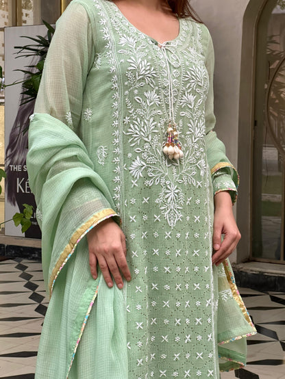 Green Shade Kota Applique Chikankari Kurta Dupatta Set