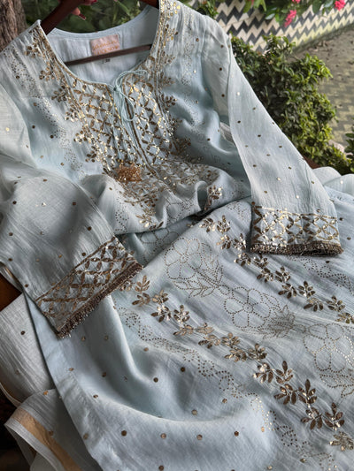 Ice Blue Mukaish Mul Chanderi Silk Ready To Wear Dress