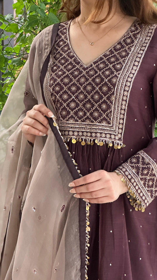 Coke Brown Sico (Silk Cotton) Chikankari Tux Kurta Set