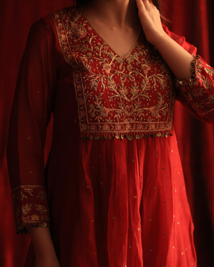 Red Maheshwari Silk Awadhi Zardosi Kurta Set