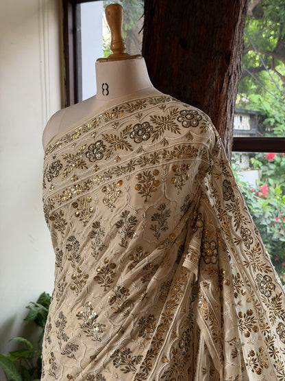 Vintage Dual Shade Mukaish Chikan Heriloom Saree with Blouse