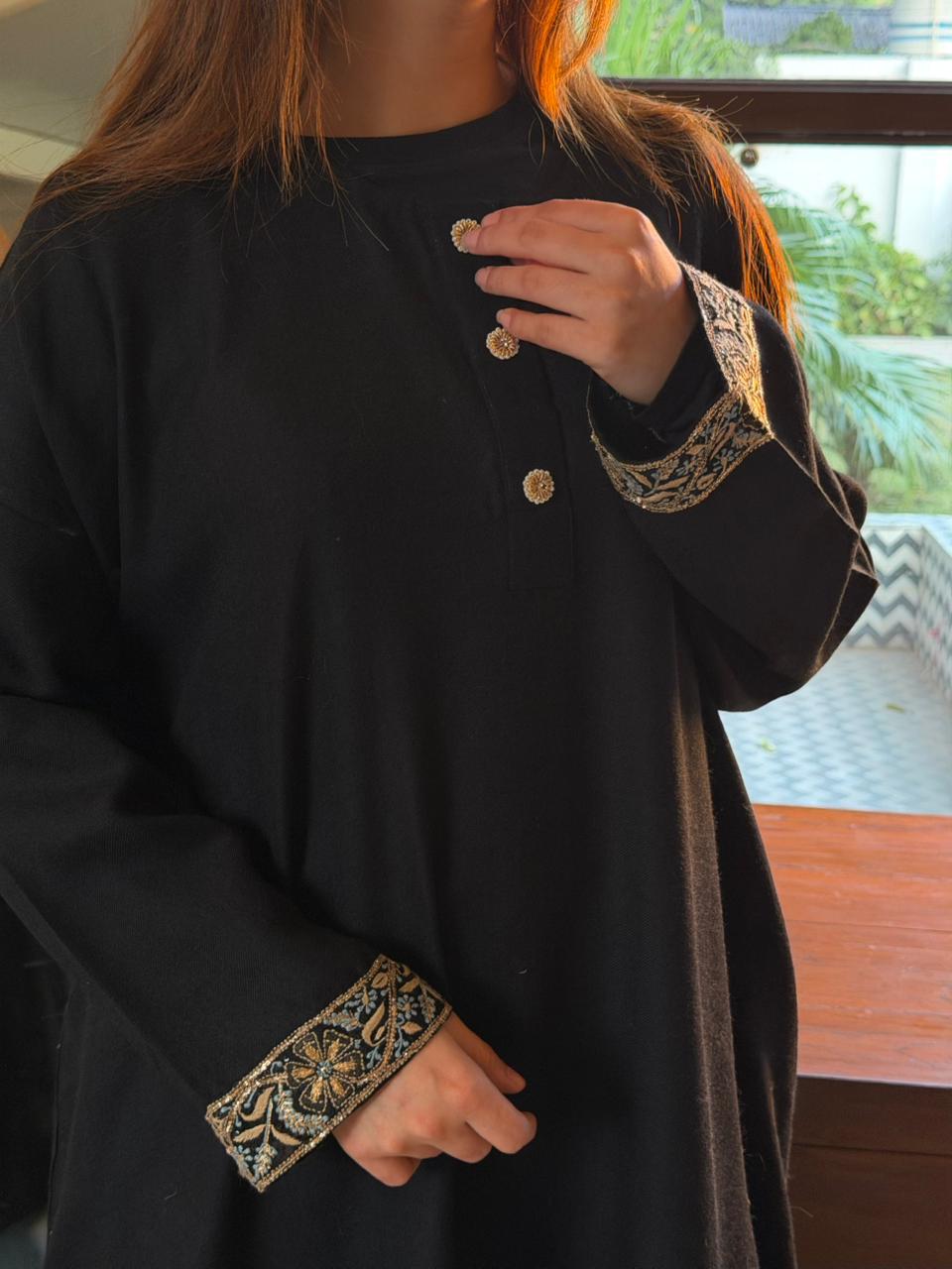 Black Pashmina Kashmiri Phiran – Ari & Chikankari Detailing