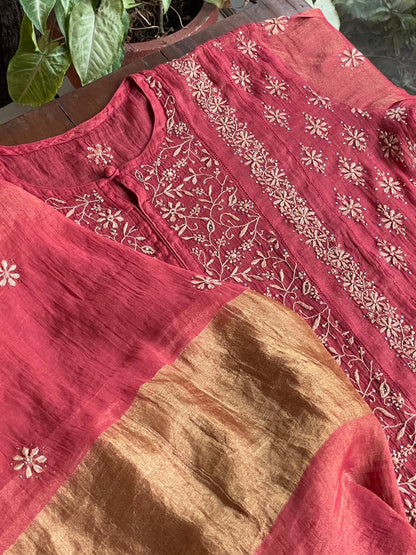 Dusty Red Shade Shade | Tissue Silk Chikankari Work Kurta Set