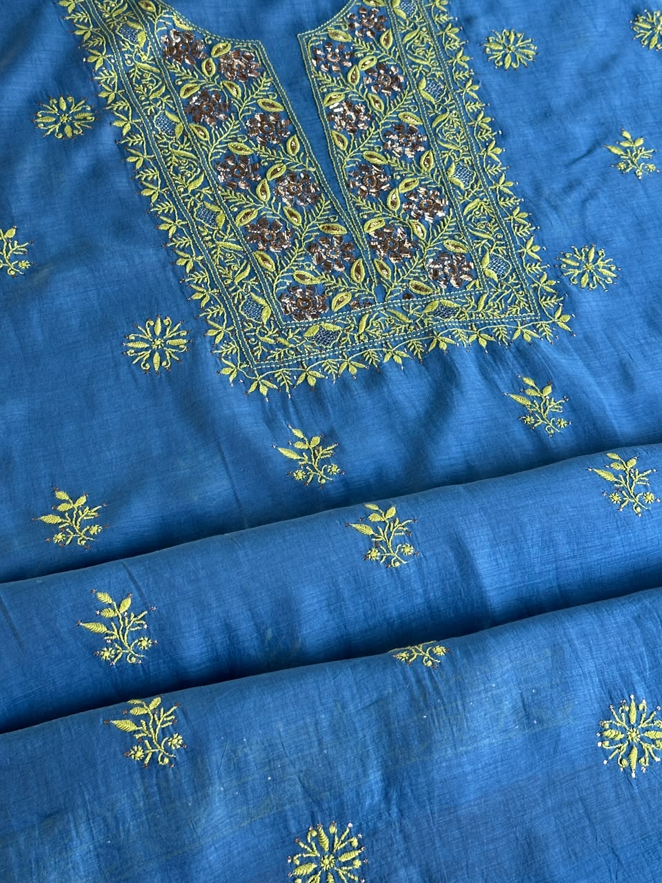 Blue & Green Shade Mal Cotton Chikankari Unstitched Kurta Dupatta Fabric With Mukaish Badla