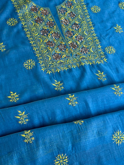 Blue & Green Shade Mal Cotton Chikankari Unstitched Kurta Dupatta Fabric With Mukaish Badla