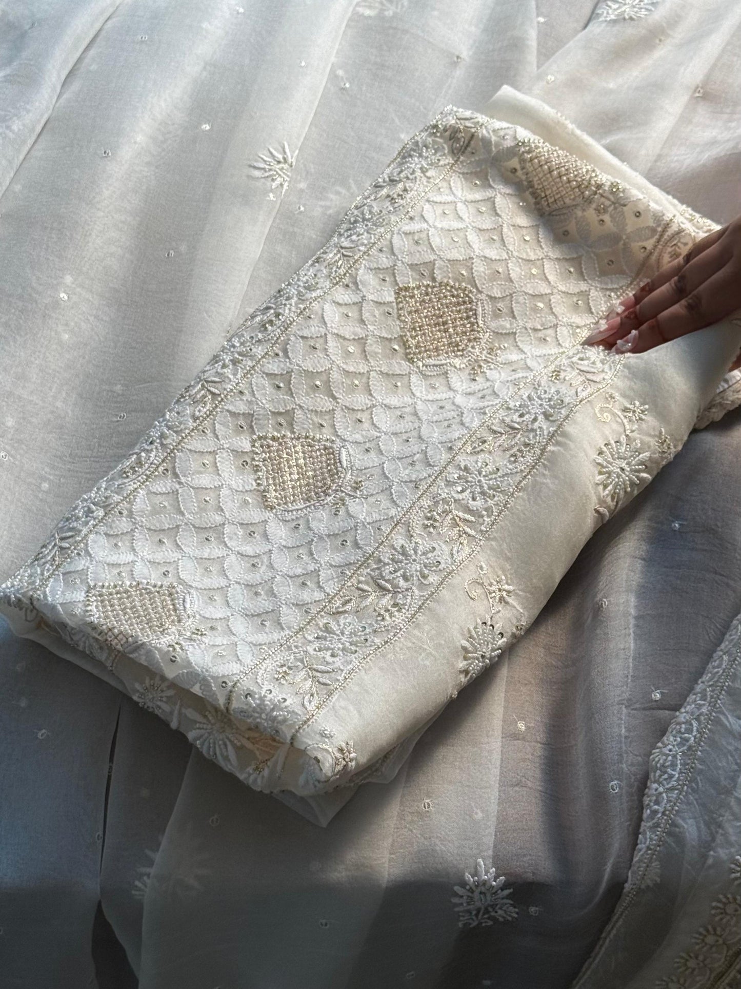 White Noor Organza Banarasi Silk Chikankari Unstitched Kurta Dupatta Set