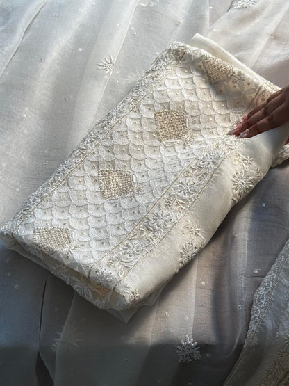 White Noor Organza Banarasi Silk Chikankari Unstitched Kurta Dupatta Set