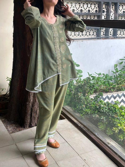 Green Malkha Cotton Chikankari Co-ord Set