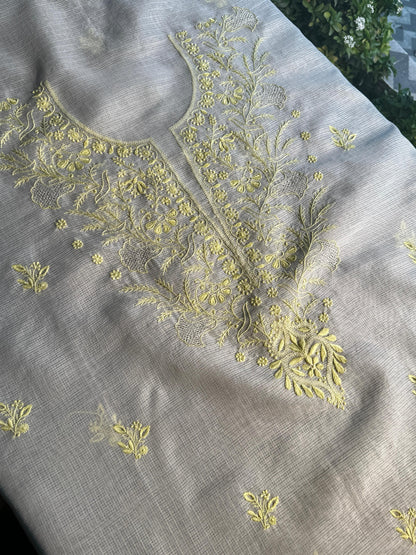 White & Lemon Kota Chikankari Unstitched Fabric