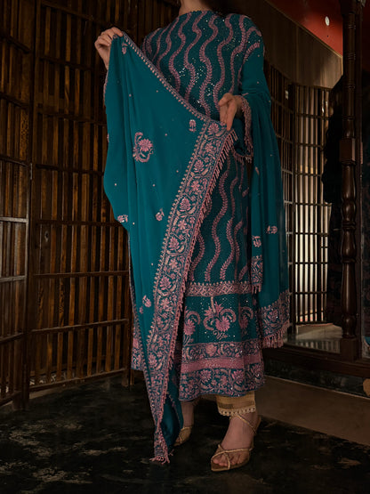 Prussian Blue Sequinned Georgette Chikankari Anarkali