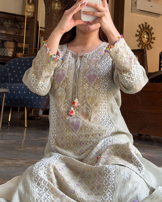 Jacquard Sequins Chikankari Kurta Set