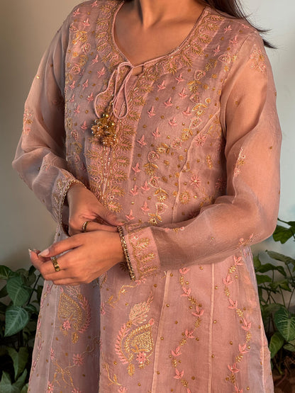 Dusty Peach Shade Noor Organza Chikankari Anarkali