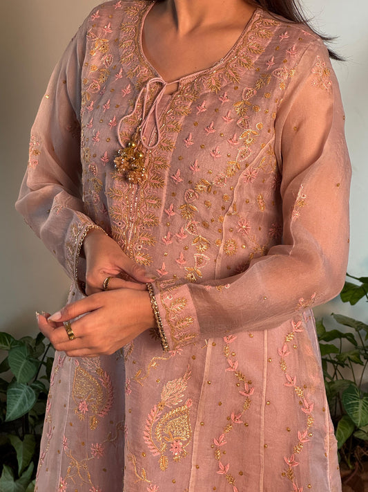 Dusty Peach Shade Noor Organza Chikankari Anarkali