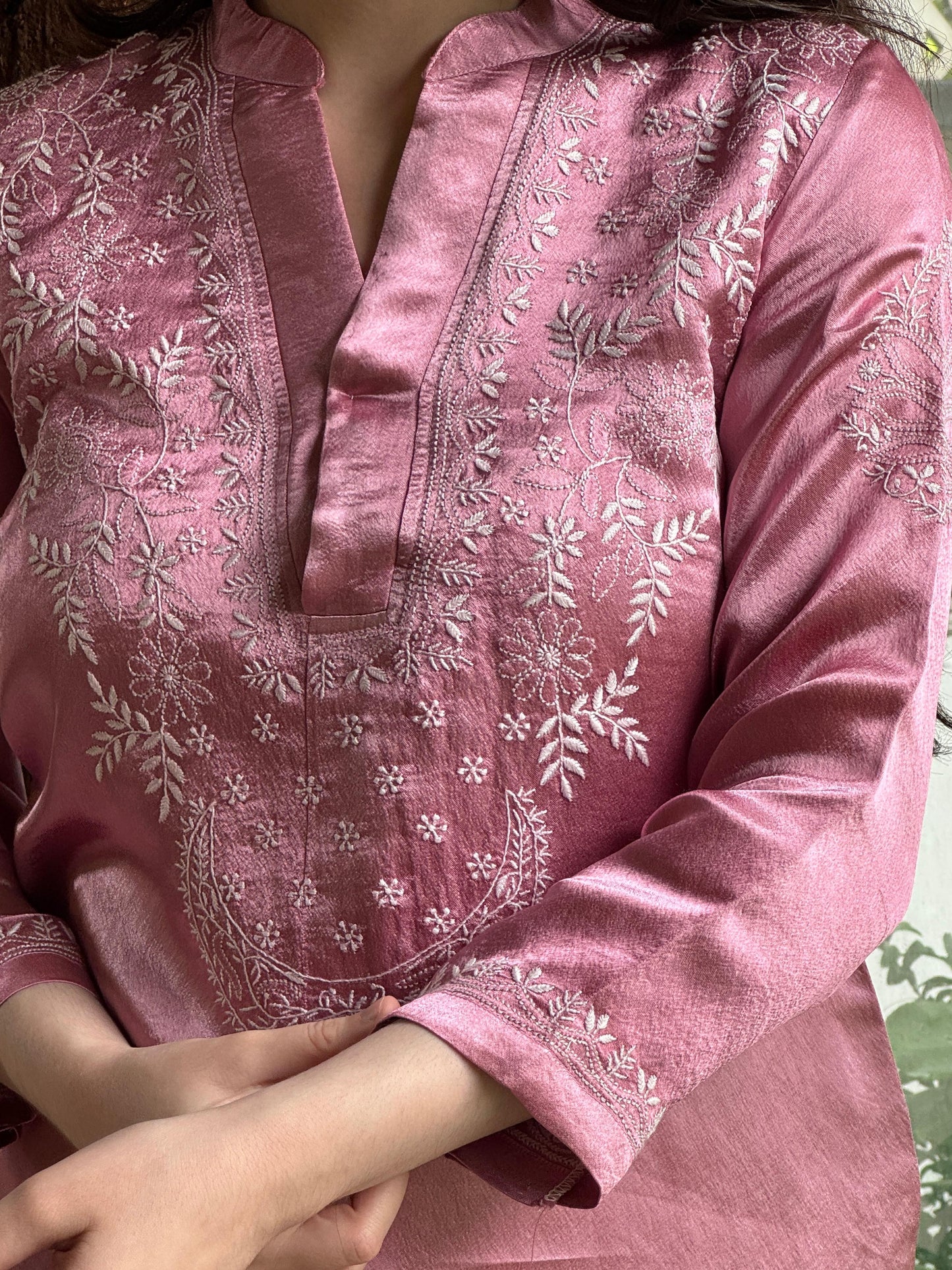 Deep Blush Pink Satin Shimmer Chikankari Co-Ord Set