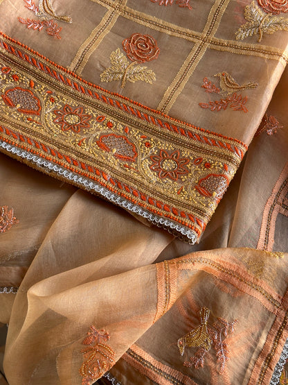 Dark Beige Organza Banarasi Silk Chikankari Unstitched Kurta Dupatta Set