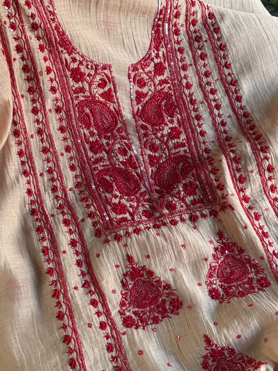 Beige & Red Mal Chanderi Silk Chikankari With Sequins Unstitched Kurta Dupatta Set