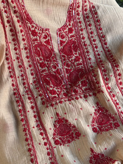 Beige & Red Mal Chanderi Silk Chikankari With Sequins Unstitched Kurta Dupatta Set