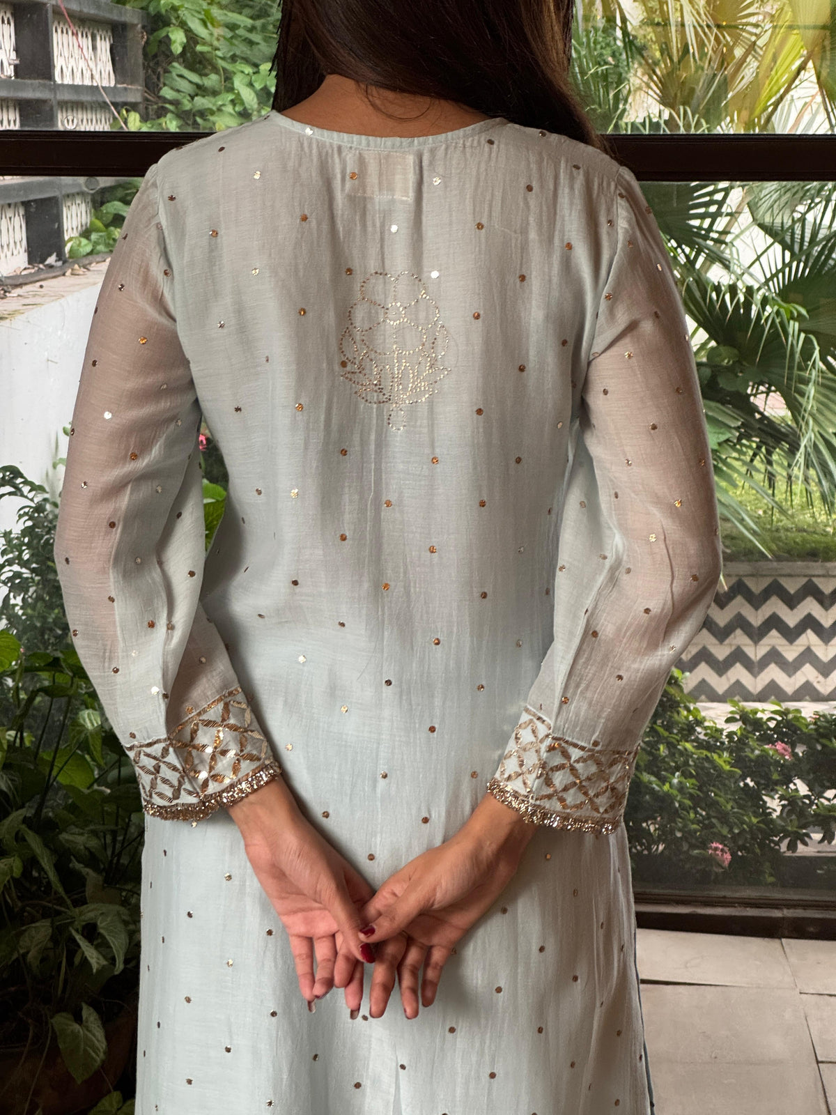 Ice Blue Mukaish Mul Chanderi Silk Ready To Wear Dress