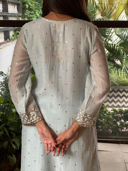 Ice Blue Mukaish Mul Chanderi Silk Ready To Wear Dress