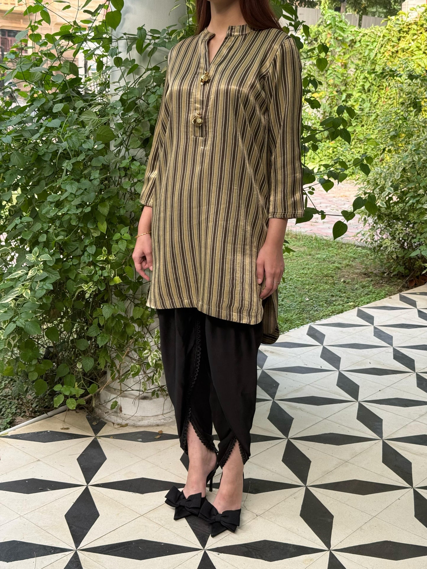 Ajrak Tan Brown Shade Mashru Silk, Short Kurta