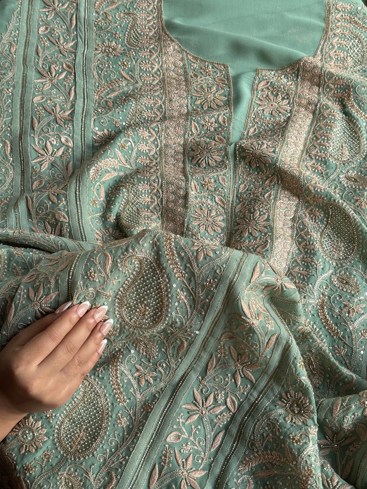 Green Superfine Pure Georgette Chikankari Kurta Set