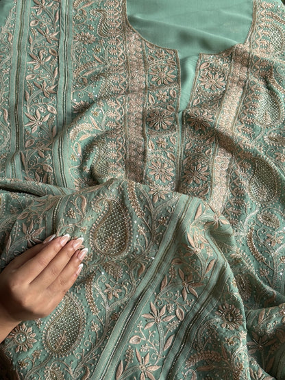 Green Superfine Pure Georgette Chikankari Kurta Set