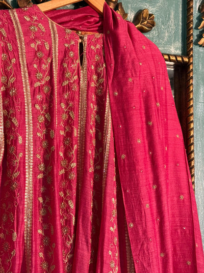 Roheen Pink Moonga Silk Chikankari Anarkali With Dupatta